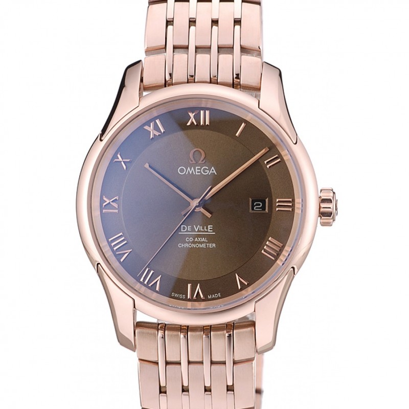 Best Replica Watches Omega Swiss DeVille Rose Gold Bezel Roman Numbers Brown Dial 7610-0