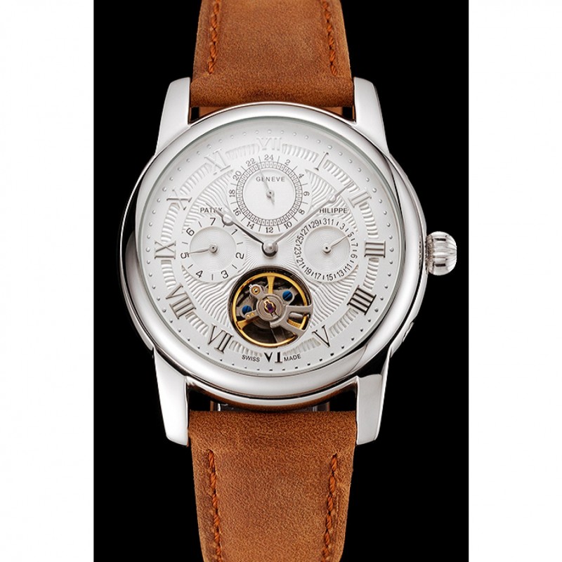 Patek Philippe Grand Complications Day Date Tourbillon Whie Dial Stainless Steel Case Brown Suede Leather Strap 1453817-1