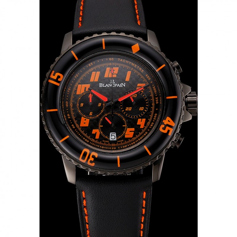 Blancpain Fifty Fathoms Speed Command Carbon Fiber Dial With Orange Markings Black PVD Case Black Leather Strap 1453776-1