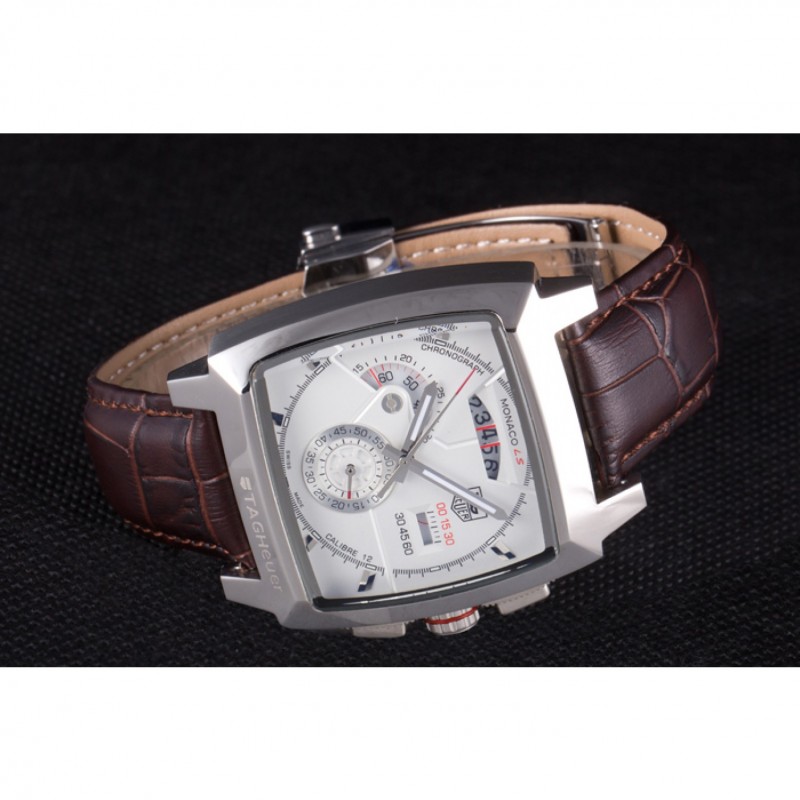 Tag Heuer Monaco Brushed Stainless Steel Case White Dial Brown Leather Strap 98173-3