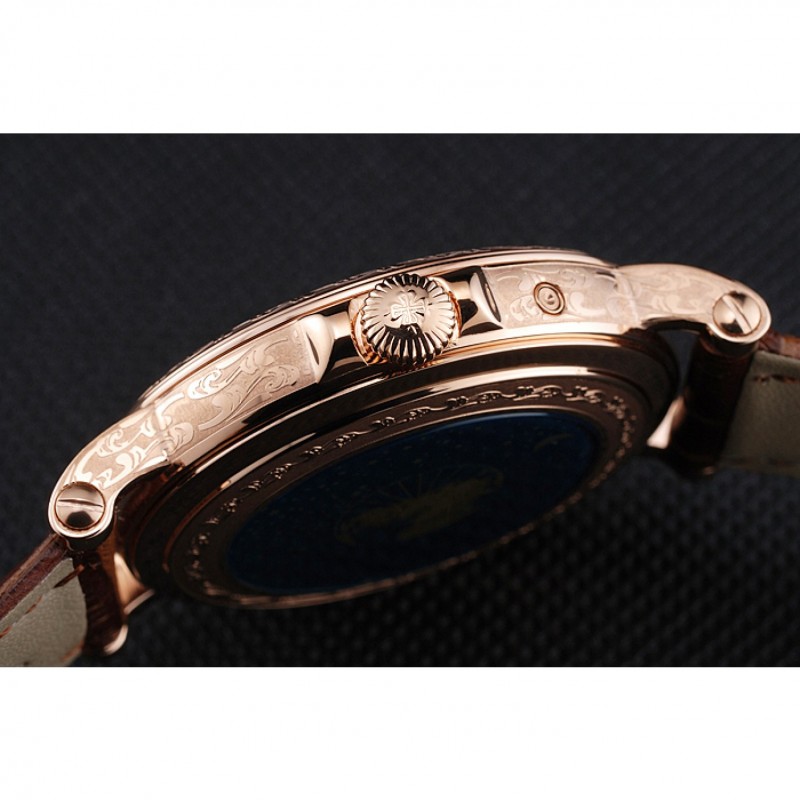 Patek Philippe Perpetual Calendar Retrograde Date White Dial Engraved Rose Gold Case Brown Leather Bracelet 1454148-8