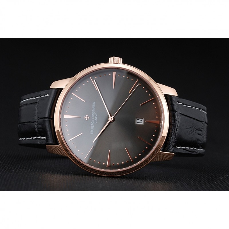 High End Replica Watches Swiss Vacheron Constantin Patrimony Grey Dial Rose Gold Case Black Leather Bracelet 1454167-3