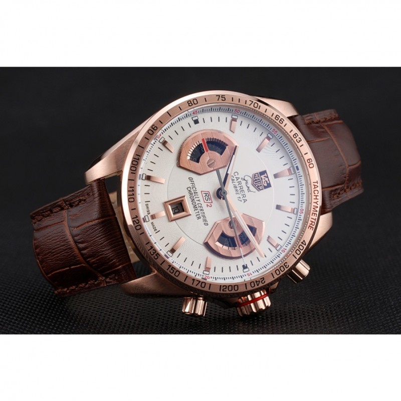Tag Heuer Carrera Rose Gold Case White Dial Brown Leather Strap 98245-3