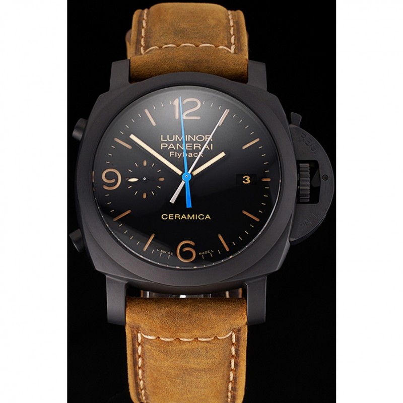 Swiss Panerai Luminor Ceramica Flyback Chronograph Black Dial Black Case Brown Leather Strap-1