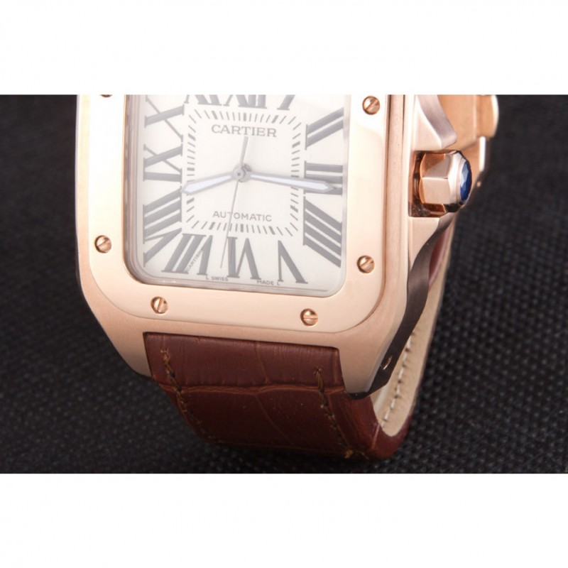 Swiss Cartier Santos Rose Gold with Brown Leather Strap 621522-6