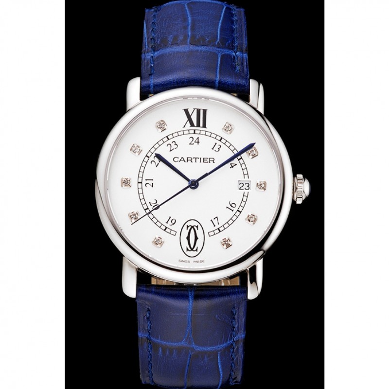 Cartier Ronde Solo White Dial Diamond Hour Marks Stainless Steel Case Blue Leather Strap-1
