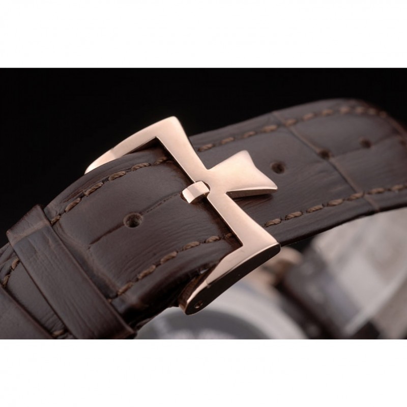 Swiss Vacheron Constantin Traditionnelle White Dial Rose Gold Case Brown Leather Bracelet-5