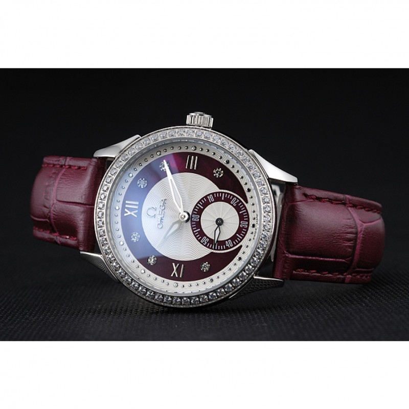Omega DeVille Prestige Dark Red Dial Silver Diamond Case Dark Red Leather Bracelet 1454121-3