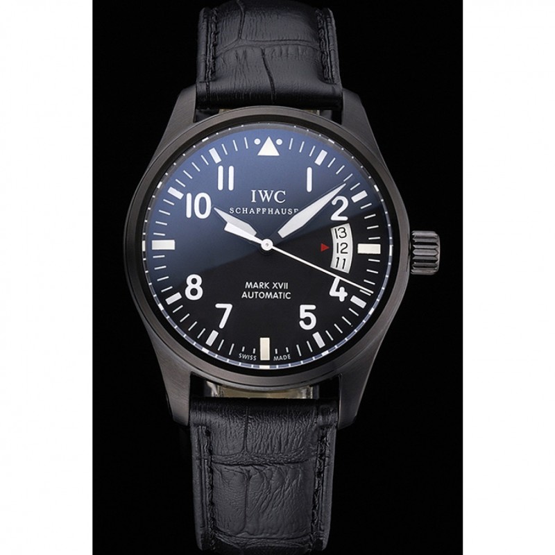 Cheap Replica Watches Swiss IWC Mark XVII Black Steel Case Black Dial Black Leather Bracelet 622667-1