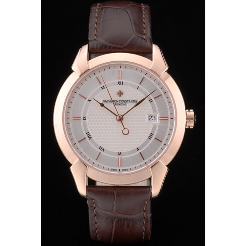 Swiss Vacheron Constantin Traditionnelle White Dial Rose Gold Case Brown Leather Bracelet-1