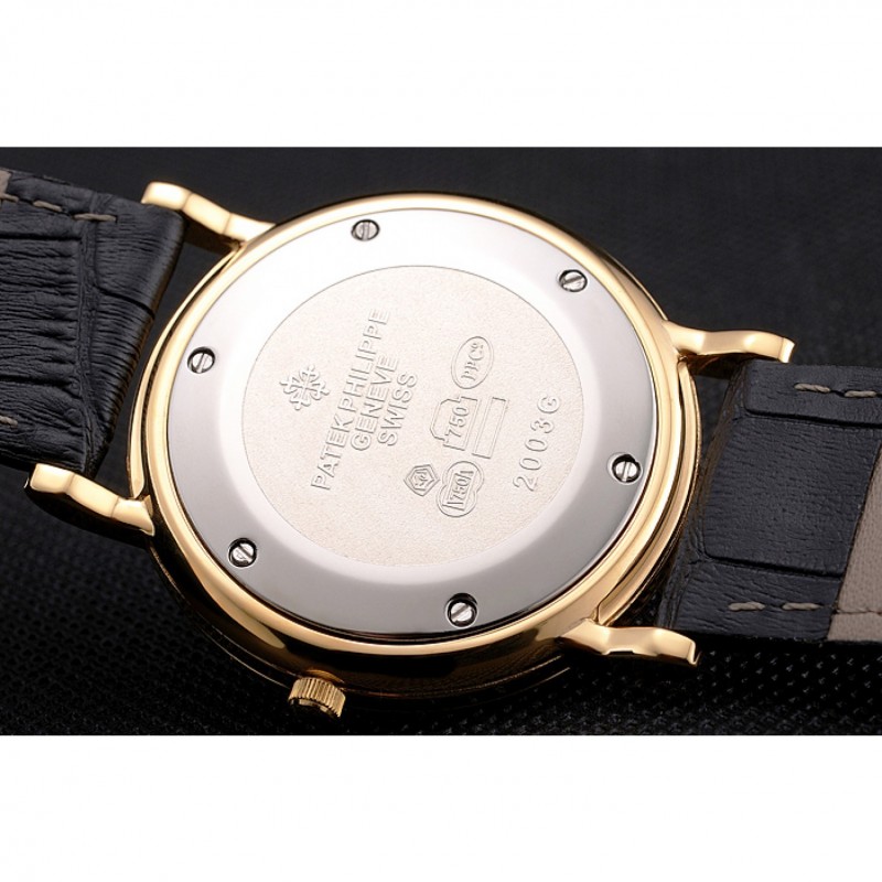 AAA Replica Watches Patek Philippe Calatrava Gold Dial Roman Numerals Ribbed Bezel Gold Case Black Leather Strap-7