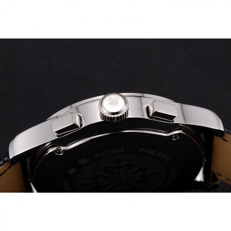 Patek Philippe Chronograph Black Guilloche Dial Stainless Steel Case Black Leather Strap-8