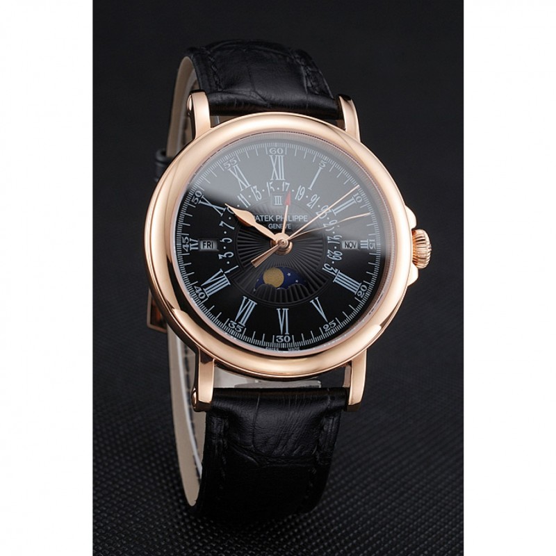 Patek Philippe Perpetual Calendar Retrograde Date Black Dial Rose Gold Case Black Leather Bracelet 1454150-2