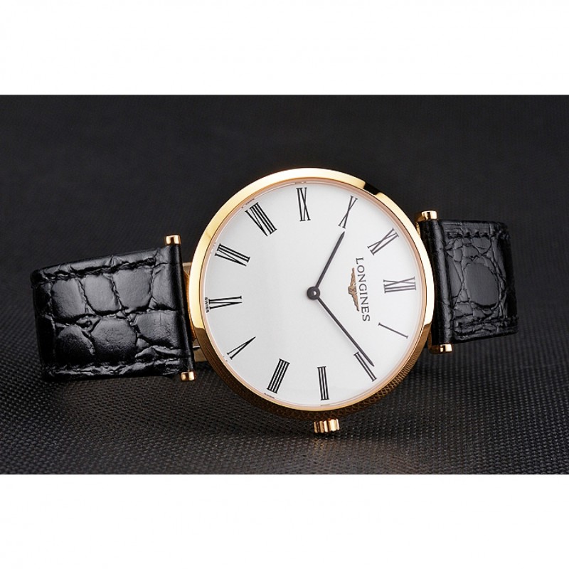 Best Swiss Longines Grande Classique White Dial Roman Numerals Gold Case Black Leather Strap-3