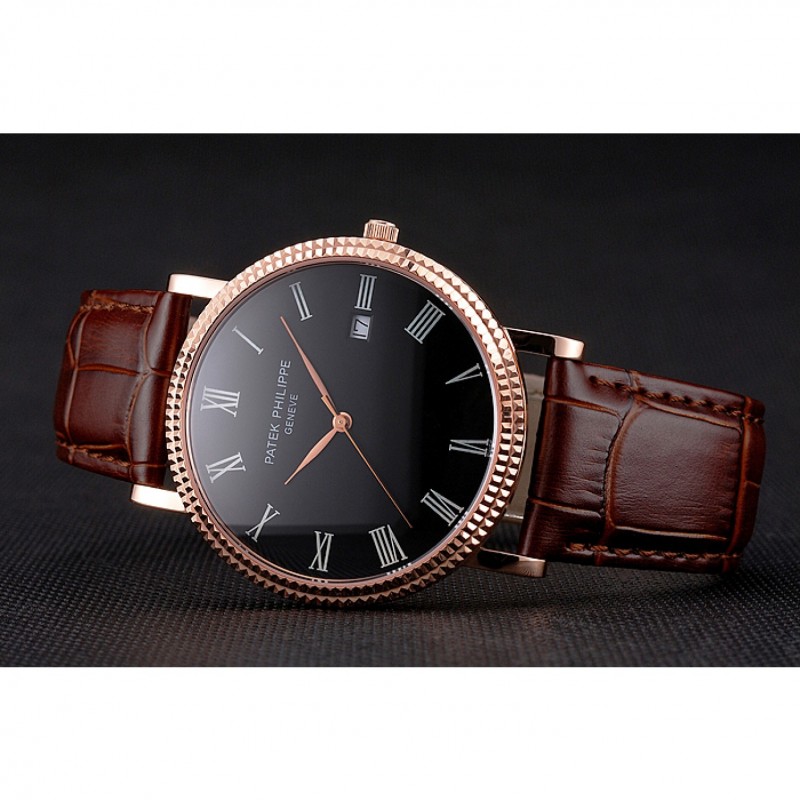 High Quality Patek Philippe Calatrava Black Dial Roman Numerals Ribbed Bezel Rose Gold Case Brown Leather Strap-4