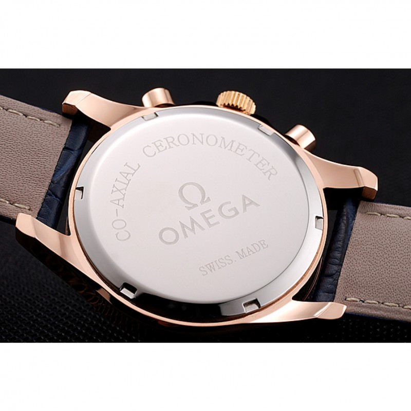 Best Replica Watches Omega Chronograph Black Dial Rose Gold Case Blue Leather Strap-7
