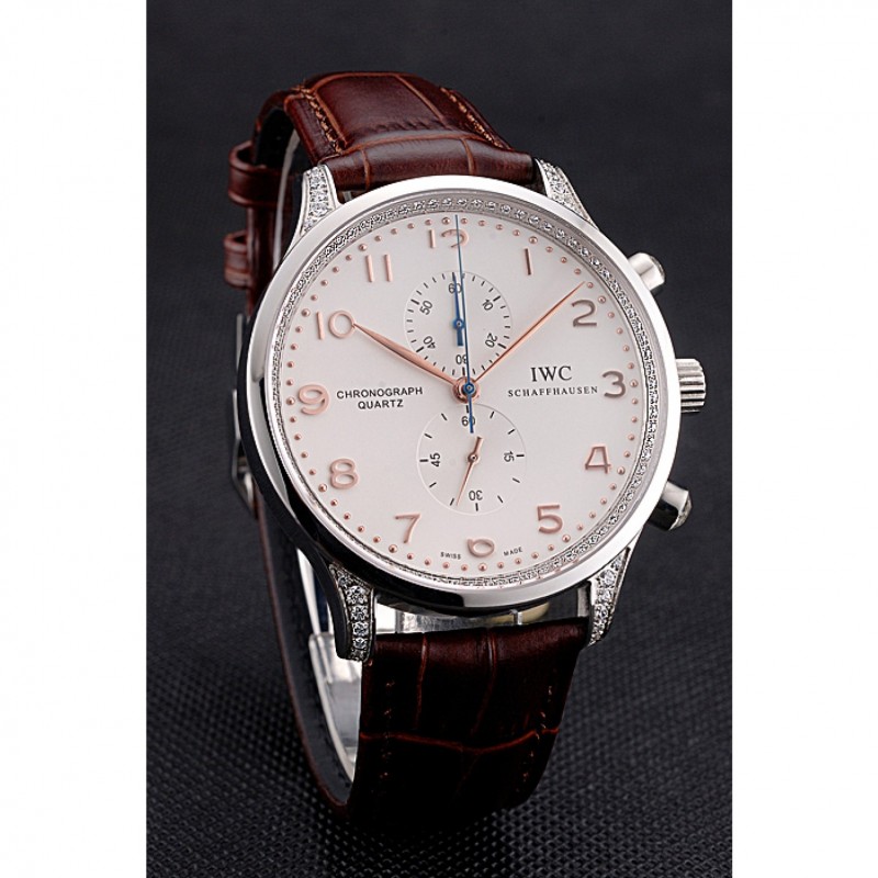 IWC Portugieser Chronograph White Dial Rose Gold Hands And Numerals Steel Case With Diamonds Brown Leather Strap-2