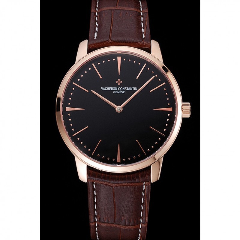 High Quality Swiss Vacheron Constantin Patrimony Grand Taille Black Dial Rose Gold Case Brown Leather Bracelet 1454169-1