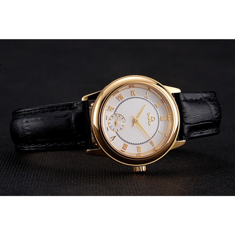 Omega De Ville Prestige Small Seconds White Dial Gold Case Black Leather Strap-3