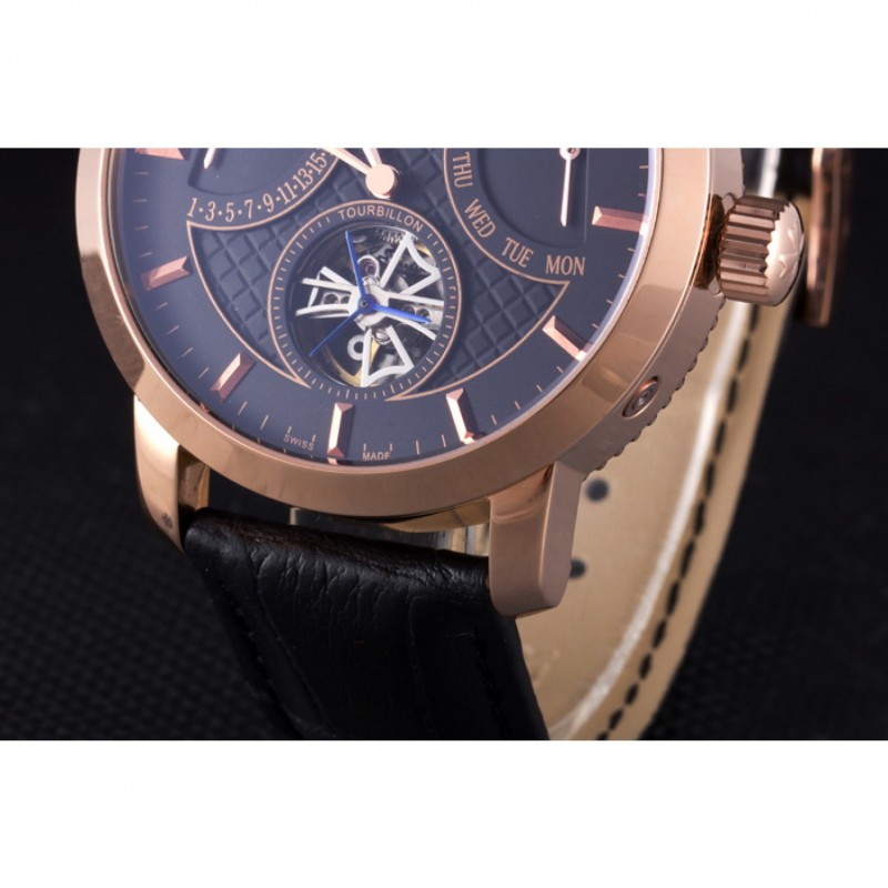 Cheap Vacheron Constantin Tourbillon Black Dial Rose Gold Case Black Leather Bracelet-6
