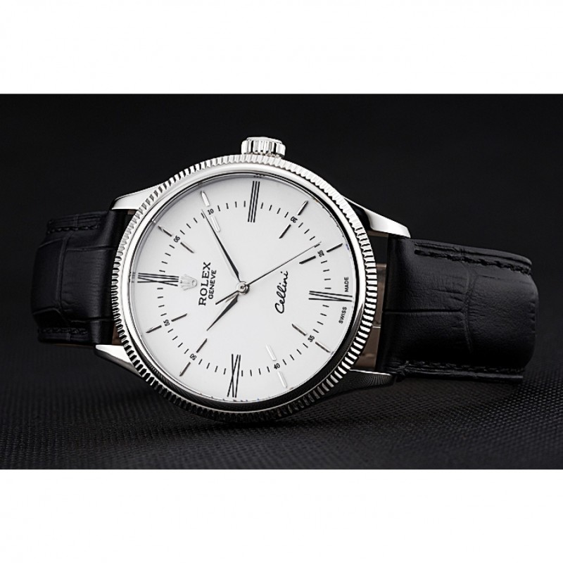 Swiss Rolex Cellini Time Silver Case White Dial Black Leather Bracelet 622653-4