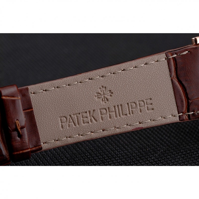 Patek Philippe Calatrava Rose Gold Dial Roman Numerals Ribbed Bezel Rose Gold Case Brown Leather Strap-6