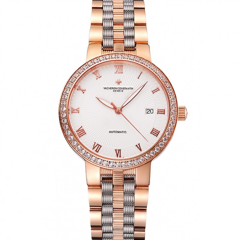 Swiss Vacheron Constantin Traditionnelle White Dial Diamond Bezel Rose Gold Case Two Tone Bracelet-0