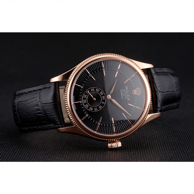 Swiss Rolex Cellini Black Dial Rose Gold Case Black Leather Strap-3