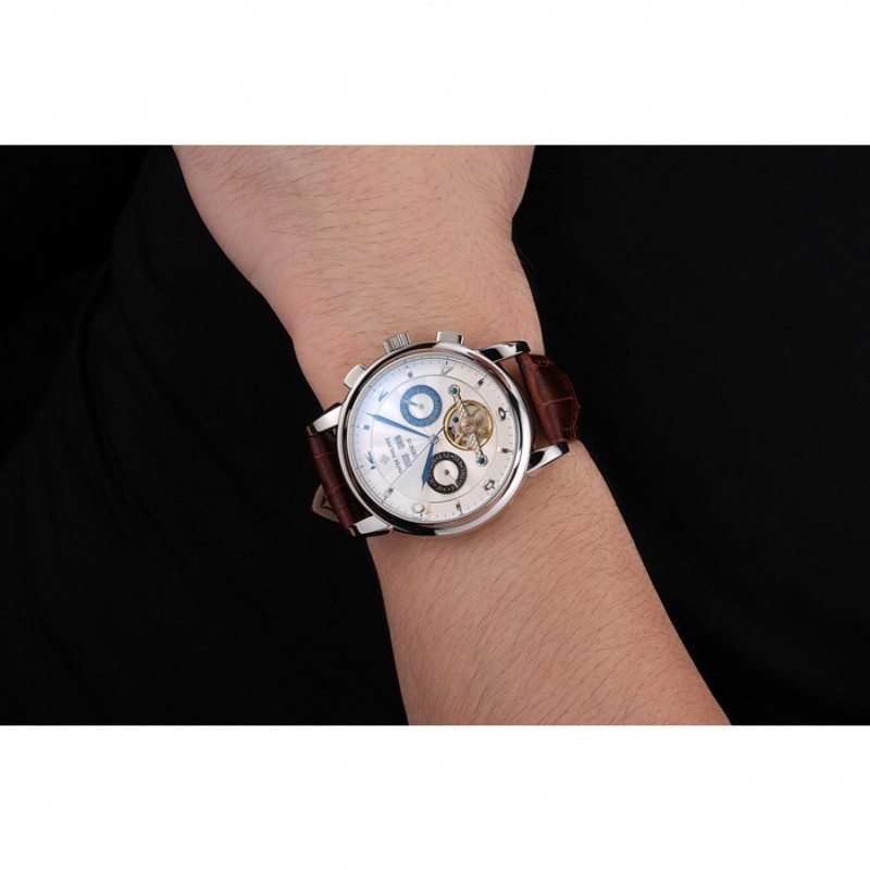 Cheap Replica Watches Patek Philippe Perpetual Calendar Tourbillon White Dial Stainless Steel Case Brown Leather Strap-8