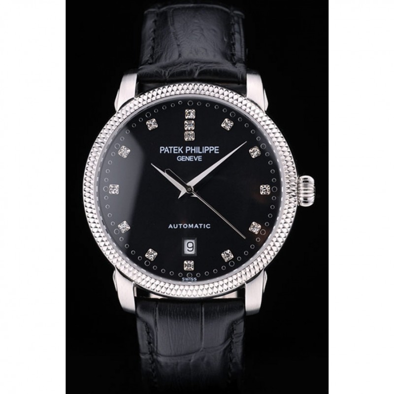 Patek Philippe Swiss Calatrava Ribbed Bezel Black Dial Black Leather Strap 7661-1