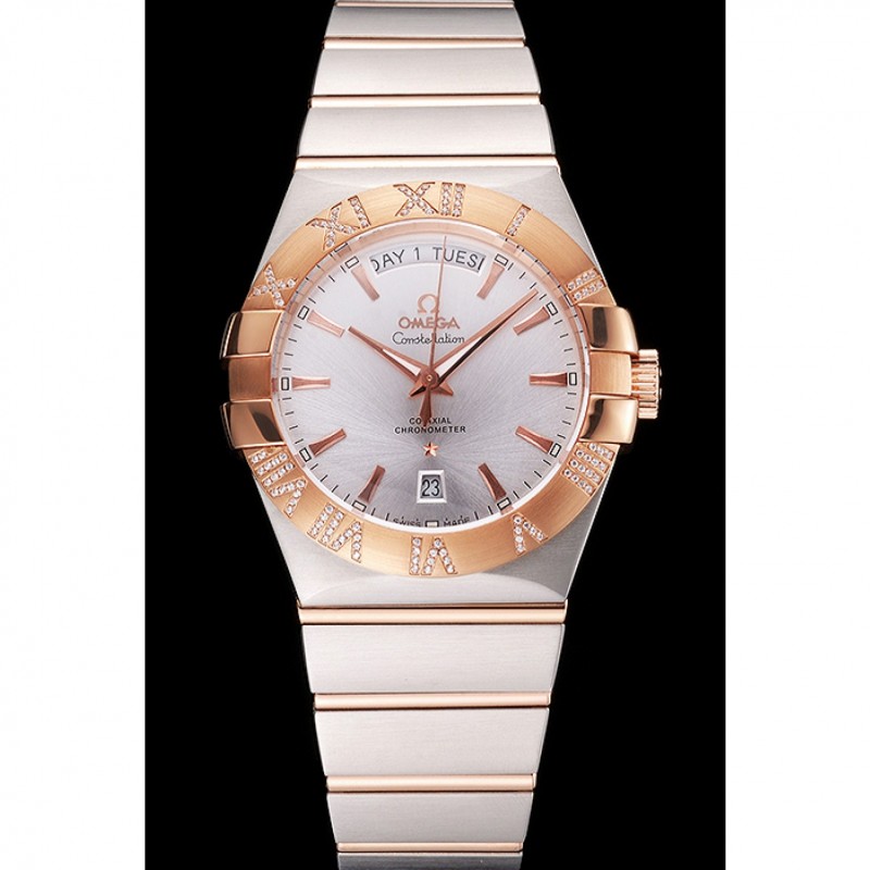 Swiss Omega Constellation White Dial Stainless Steel Case Rose Gold Bezel Two Tone Bracelet-1