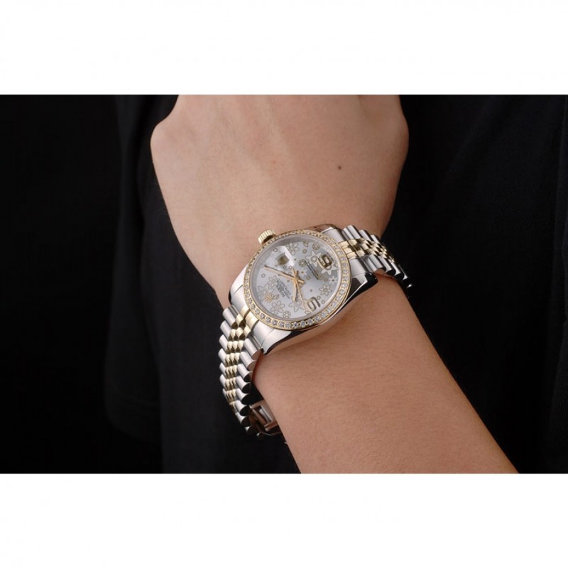 Rolex DateJust Brushed Stainless Steel Case Silver Flowers Dial Diamonds Plated-8