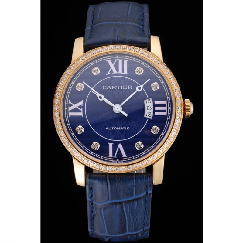 High End Replica Watches Swiss Cartier Ronde Solo Blue Dial Gold Diamond Case Blue Leather Strap-1