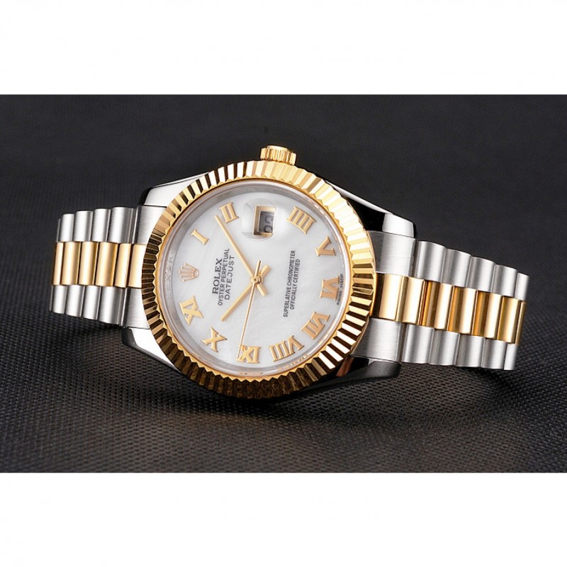 Swiss Rolex Datejust White Dial Roman Numerals Gold Bezel Stainless Steel Case Two Tone Bracelet-4