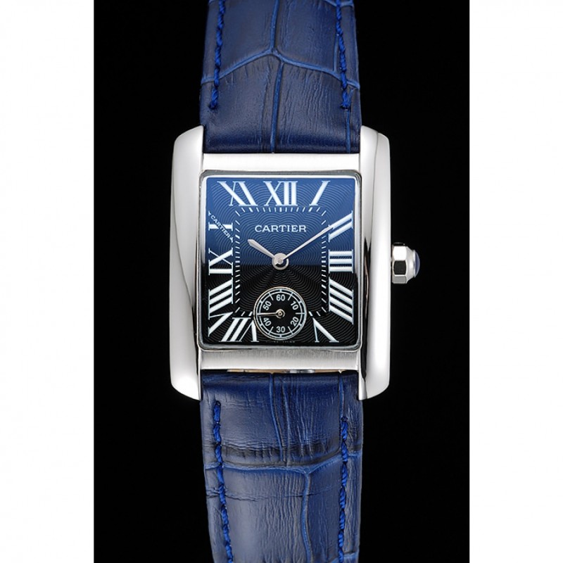 Cartier Tank MC Stainless Steel Case Blue Dial Blue Leather Strap 622178-1