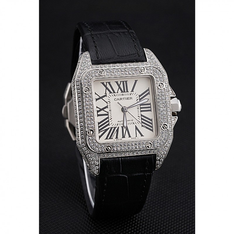 Swiss Cartier Santos Dumont Diamond Case White Dial Roman Numerals Black Leather Bracelet 622652-2
