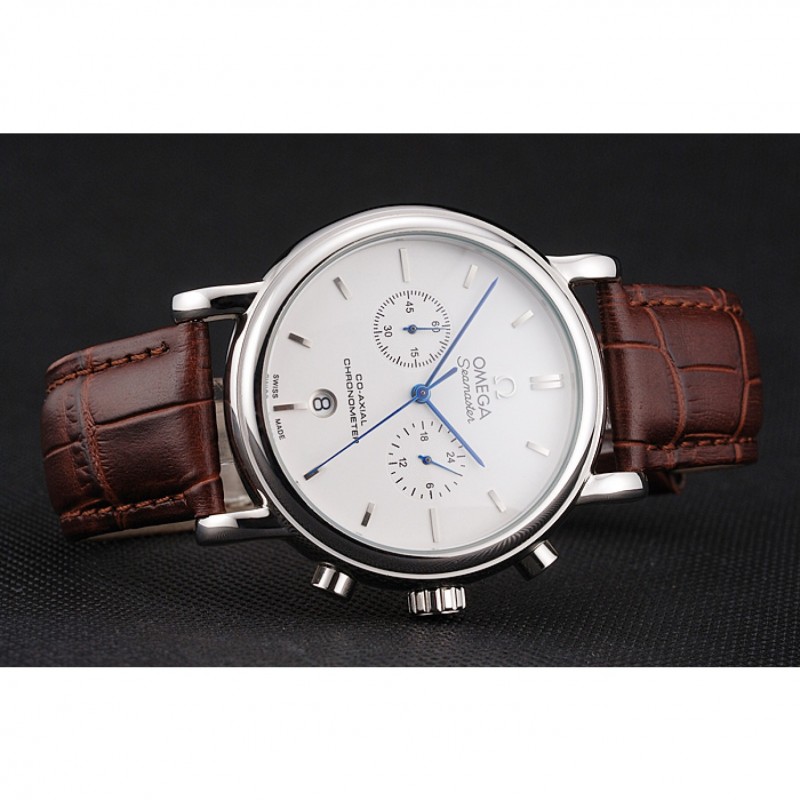 Omega Seamaster Vintage Chronograph White Dial Stainless Steel Case Brown Leather Strap-4