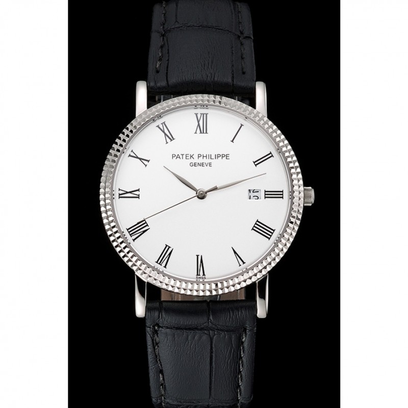 Patek Philippe Calatrava White Dial Roman Numerals Ribbed Bezel Stainless Steel Case Black Leather Strap-1