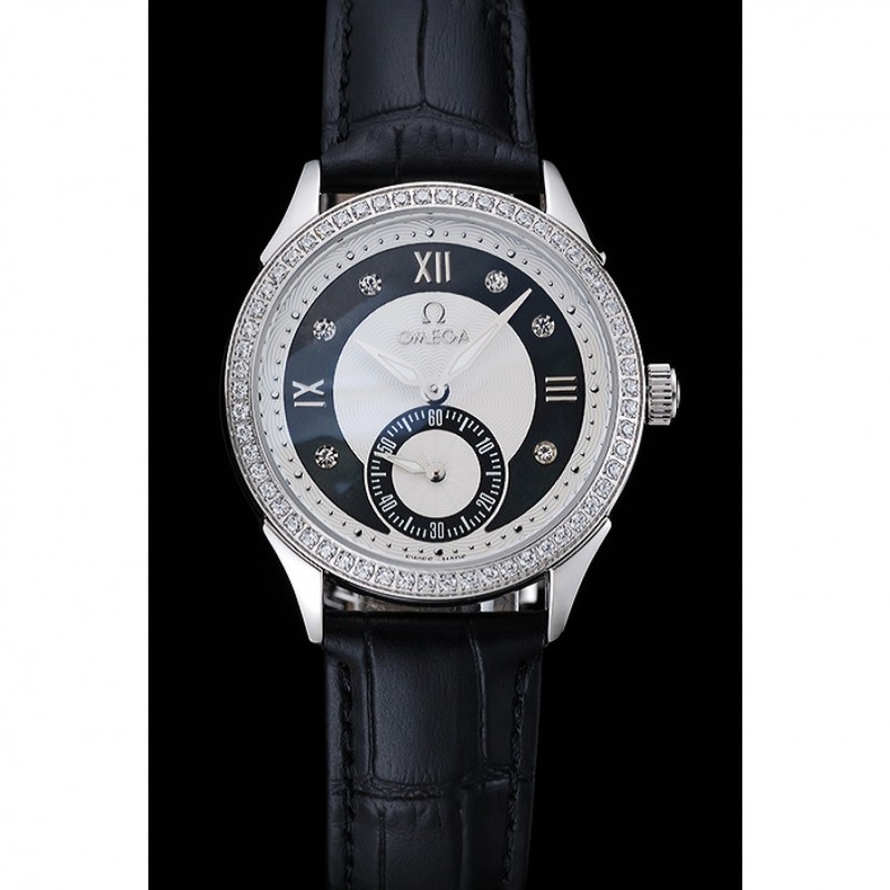 Omega DeVille Prestige Black Dial Silver Diamond Case Black Leather Bracelet 1454120-1