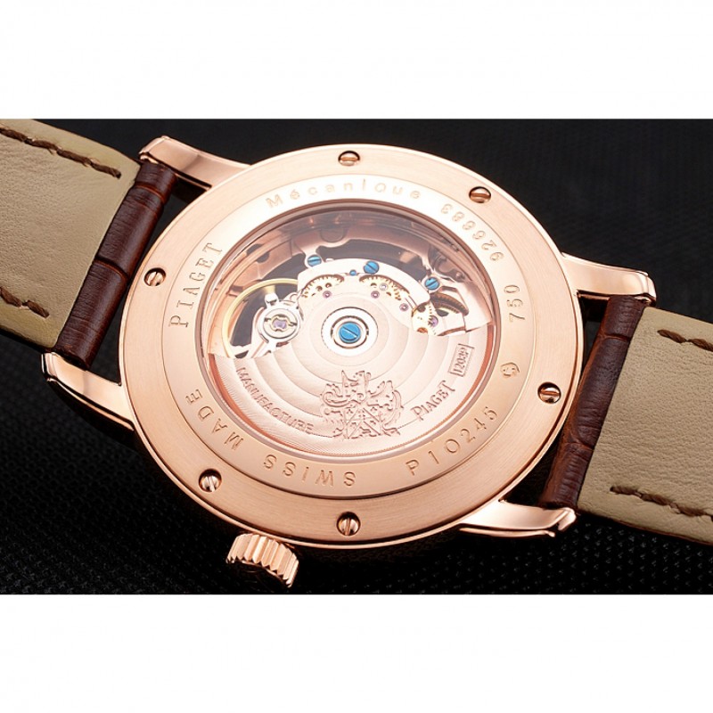 Swiss Piaget Altiplano Rose Gold Skeleton Dial With Diamonds Rose Gold Case Brown Leather Strap-5