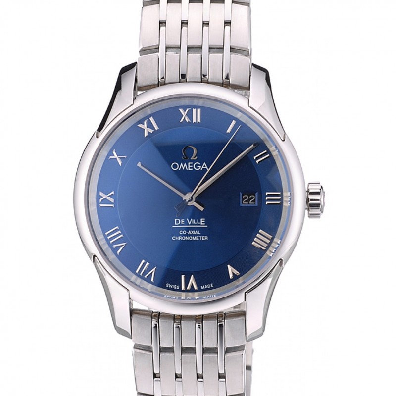 Omega Swiss DeVille Stainless Steel Bezel Roman Numbers Blue Dial 7612-0