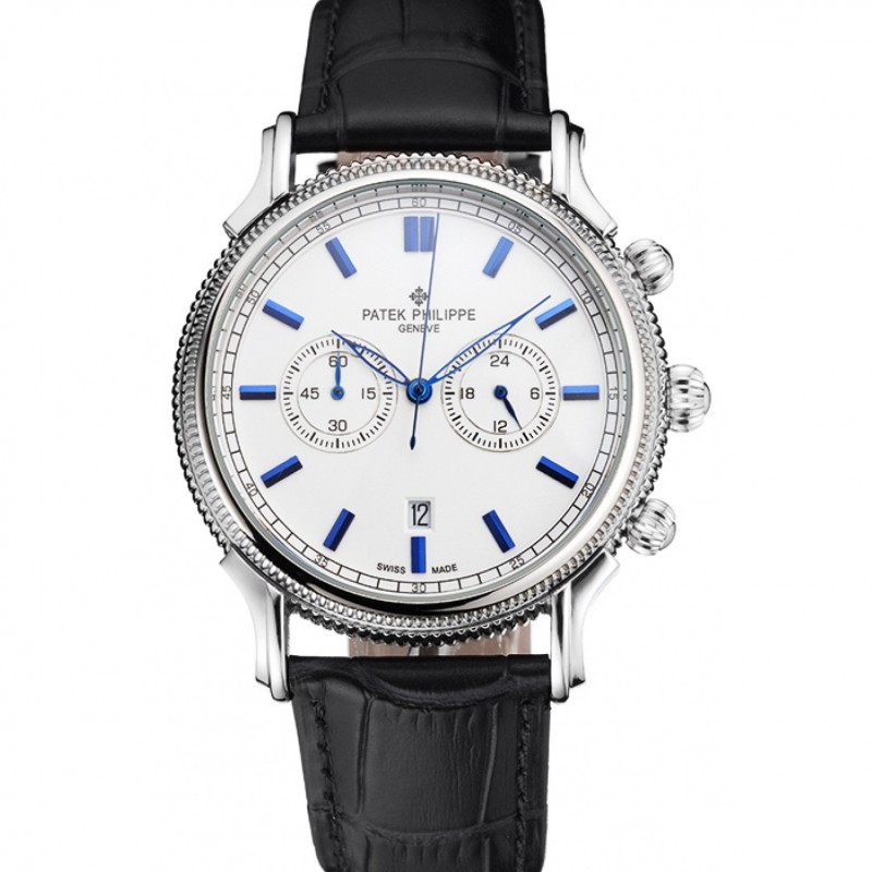 Patek Philippe Chronograph White Dial Blue Markings Stainless Steel Case Black Leather Strap-0