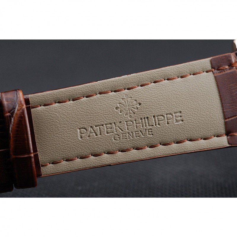 Patek Philippe Complications Moonphase Tourbillon White Dial Rose Gold Case Brown Leather Strap-6