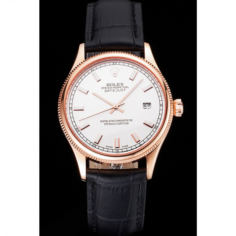 High Quality Swiss Rolex Datejust White Dial Rose Gold Case Black Leather Strap-1