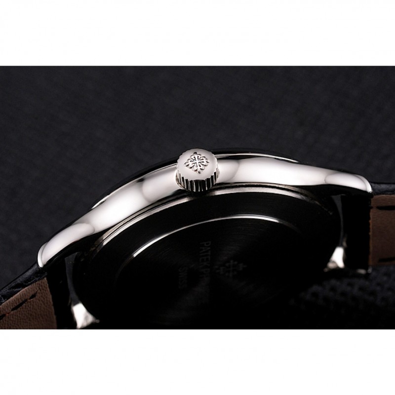 Patek Philippe Calatrava White Dial Roman Numerals Stainless Steel Case Black Leather Strap-8