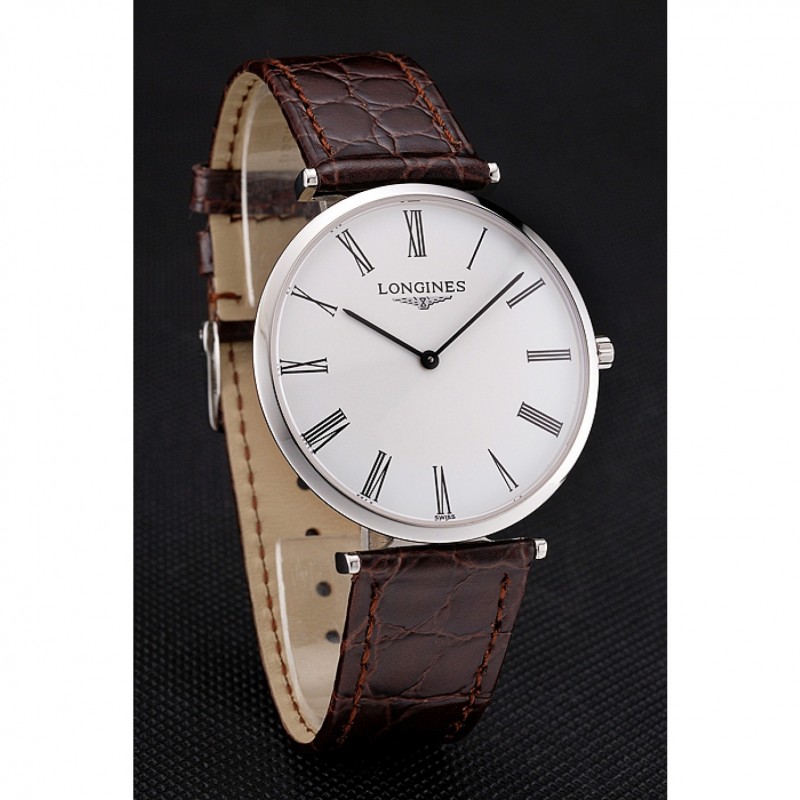 Swiss Longines Grande Classique White Dial Roman Numerals Stainless Steel Case Brown Leather Strap-2