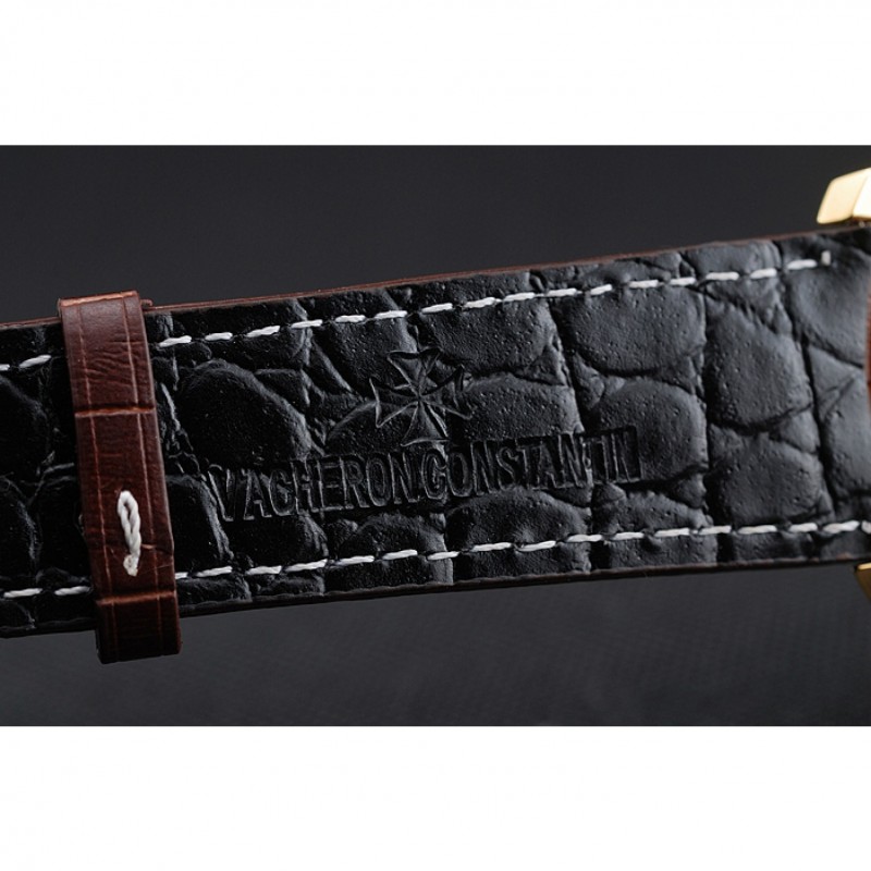 Swiss Vacheron Constantin Patrimony White Dial Gold Diamond Case Brown Leather Bracelet 1454180-6