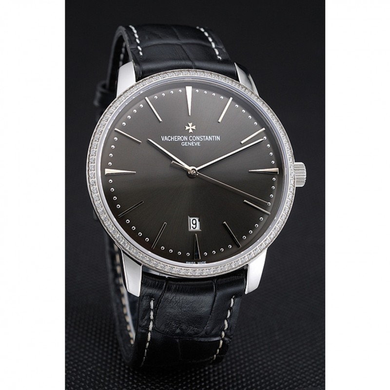 Swiss Vacheron Constantin Patrimony Grey Dial Silver Diamonds Case Black Leather Bracelet 1454163-2