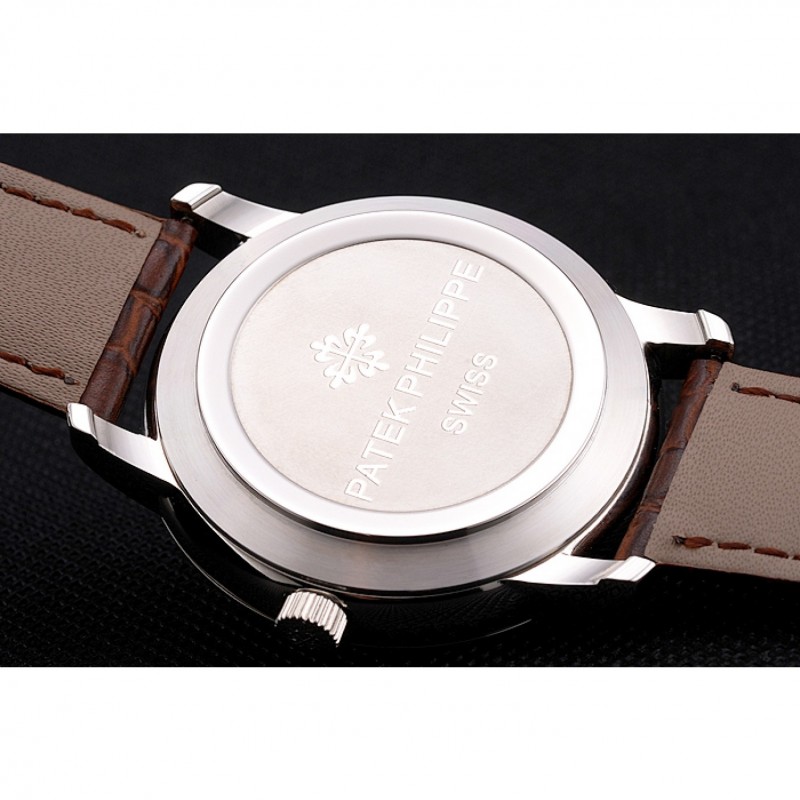 Cheap Patek Philippe Calatrava Date White Embossed Dial Stainless Steel Case Brown Leather Strap-7