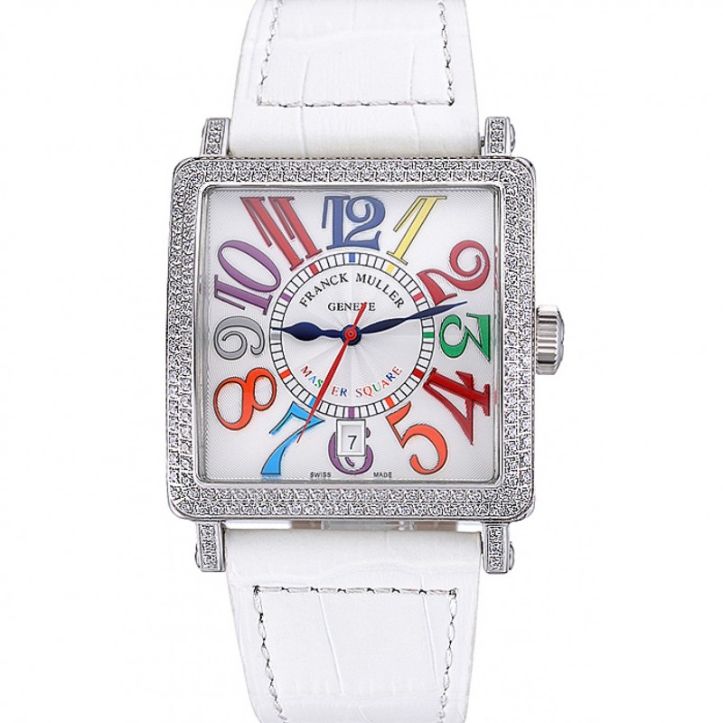 Franck Muller Master Square Color Dreams Diamonds Case White Leather Band 622356-0